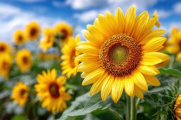 Fototapeta premium Closeup of Sunflower in Field with Blue Sky