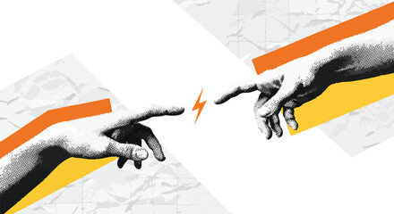 Two hands reaching out to touch, symbolizing connection and energy transfer, set against a backdrop of geometric shapes and maps.