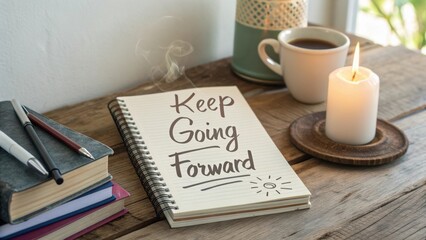 Inspirational desk scene with notebook, coffee, candle, and stationery inviting motivation and positivity for personal growth