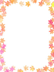 モミジの紅葉イメージの背景素材。水彩風テクスチャー。やさしい色調とかわいい色調の葉っぱのシルエットのフレーム。和風のあしらい。たて長構図。