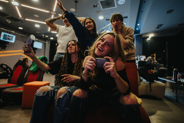 A group of young friends enthusiastically playing video games together in a stylish gaming lounge, emphasizing fun, excitement, and togetherness.