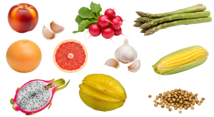 Fresh assorted fruits and vegetables selection including peach, grapefruit, radish, asparagus, corn, dragon fruit, starfruit, garlic and soybeans, healthy eating concept
