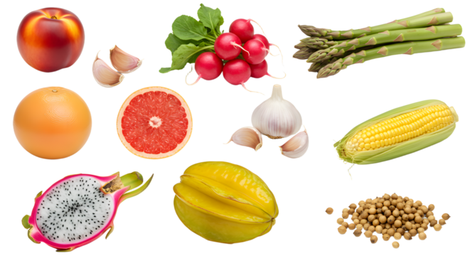 Fresh assorted fruits and vegetables selection including peach, grapefruit, radish, asparagus, corn, dragon fruit, starfruit, garlic and soybeans, healthy eating concept