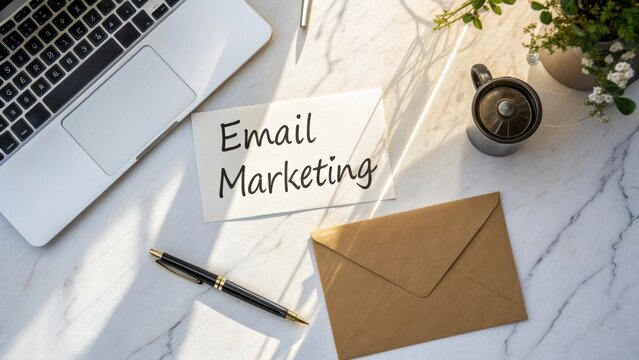 Email Marketing Concept with Laptop, Coffee, Envelope, and Flowers on Marble Surface