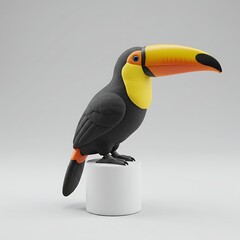 Naklejka premium Toucan Bird Perched on White Stand with Bright Colorful Beak