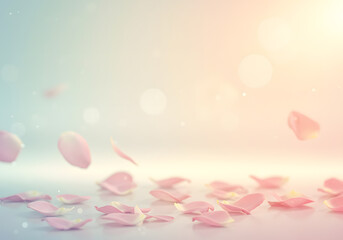 Pastel Rose Petals Falling, Delicate Floral Background, Soft Pink and Blue Colors, Bokeh Effect, Romantic Backdrop