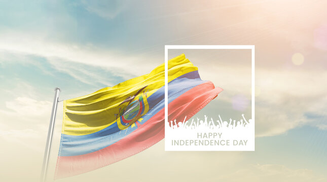 Ecuador flag waving proudly under a bright sky with text happy independence day. Ecuador national national flag for independence day. - Powered by Adobe