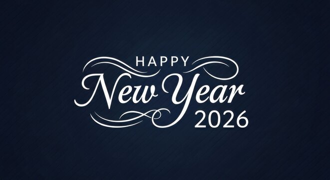 Happy new year 2026 text with elegant swirls and a dark blue background, modern and sophisticated greeting for the upcoming year - Powered by Adobe