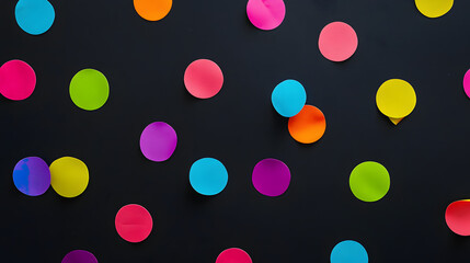 Vibrant multicolor confetti dots scattered across a bold black surface creating a festive and energetic abstract pattern for celebrations.