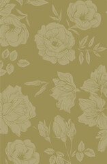 Big flower,Seamless watercolor floral pattern, flowers elements, green leaves branches on dark black background; for wrappers, wallpapers, postcards, greeting 