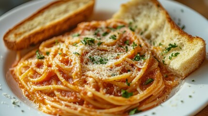 48.A vibrant, ready-made plate of food featuring a pasta dish with a creamy tomato sauce, sprinkled with Parmesan cheese and fresh basil. The plate is arranged neatly with a side of garlic bread,