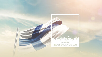 Finland flag waving proudly under a bright sky with text happy independence day. Finland national...