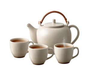 Warm, peaceful afternoon tea with traditional ceramic tea set. This isolated teapot and teacup contain hot beverage, perfect for relaxing and cozy moment