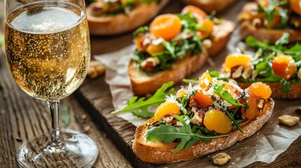 64.A vibrant close-up of Italian bruschetta with a mix of apricot, cheese, arugula, and nuts, artfully arranged on a wooden surface. A glass of sparkling drink sits next to the bruschetta, with