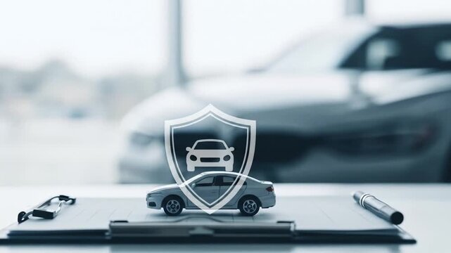 Car Insurance Policy and Protection Concept with Miniature Car and Shield Icon.