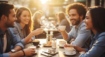 Joyful friends sharing laughter and engaging conversation at a sunlit outdoor cafe, savoring precious moments of connection and camaraderie over coffee.
