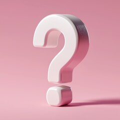 Large white 3D question mark standing upright on pastel pink background.