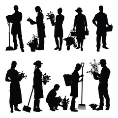 Black and white gardening silhouettes set