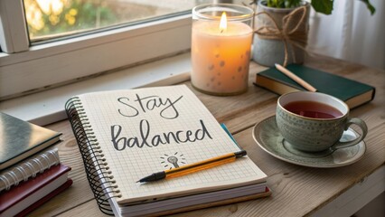 Cozy workspace with notebook, candle, and tea cup promoting wellness and balanced lifestyle on a wooden table by a window