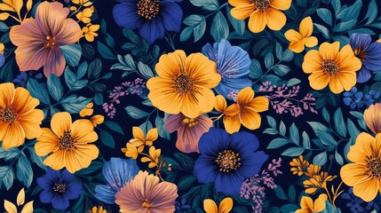 88.A seamless digital textile design featuring a bold ethnic floral pattern, with hand-drawn flowers in rich hues like indigo, marigold, and emerald green. The pattern is intricate and vibrant,