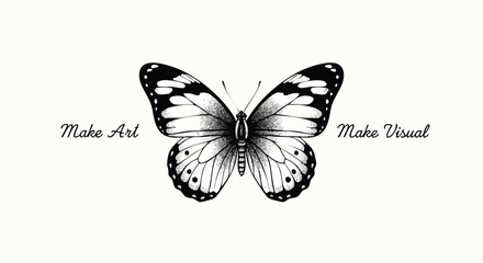 A minimalist black and white illustration of a detailed butterfly, flanked by the elegant cursive text 'Make Art' and 'Make Visual'.