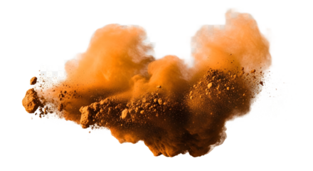 Isolated vibrant orange powder cloud exploding with dynamic energy, a detailed freeze-frame of earthy clay dust particles in motion