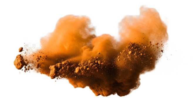 Isolated vibrant orange powder cloud exploding with dynamic energy, a detailed freeze-frame of earthy clay dust particles in motion