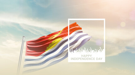Kiribati flag waving proudly under a bright sky with text happy independence day. Kiribati national...