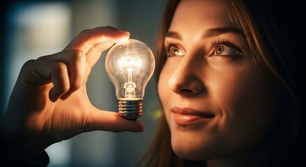 A woman holds a glowing lightbulb, showcasing a hopeful and thoughtful expression, highlighting the concept of innovation and illumination.