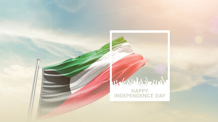 Kuwait flag waving proudly under a bright sky with text happy independence day. Kuwait national...