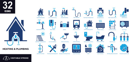 Heating And Plumbing mixed color icon set