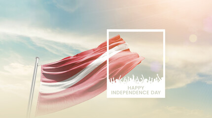 Lebanon flag waving proudly under a bright sky with text happy independence day. Lebanon national...
