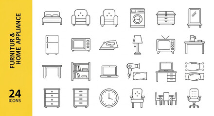 Set of Home Furniture and Appliance Outline Icons for Interior Design
