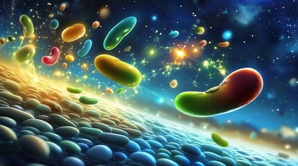 Colorful bean varieties bursting like fireworks against a starry backdrop, each one releasing vibrant glowing life-energy particles, creating stunning visual display of energy, movement, color cosmic 