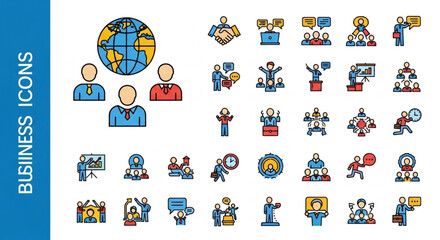 Set of Business and Teamwork Flat Icons for Corporate and Global Concepts
