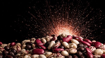 Colorful bean varieties bursting like fireworks against a starry backdrop, each one releasing vibrant glowing life-energy particles, creating stunning visual display of energy, movement, color cosmic 