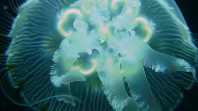 Close-up of a translucent jellyfish with glowing pinkish rings and delicate tentacles pulsing