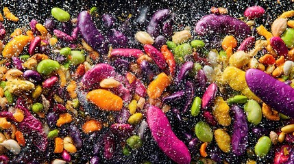 Colorful bean varieties bursting like fireworks against a starry backdrop, each one releasing vibrant glowing life-energy particles, creating stunning visual display of energy, movement, color cosmic 