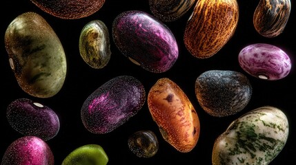 Colorful bean varieties bursting like fireworks against a starry backdrop, each one releasing vibrant glowing life-energy particles, creating stunning visual display of energy, movement, color cosmic 