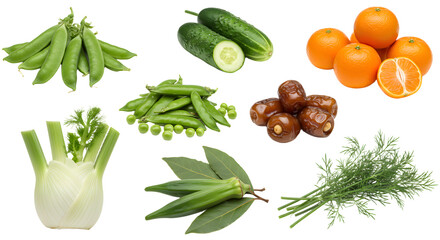 Fresh organic vegetables and fruits including peas, cucumber, tangerines, fennel, okra, dates, and herbs on white background, perfect for healthy eating or cooking