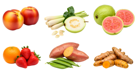 Fresh tropical fruits and vegetables assortment including peaches, spring onions, guava, strawberries, orange, sweet potatoes, green beans and turmeric, perfect for healthy recipes