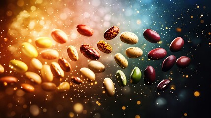 Colorful bean varieties bursting like fireworks against a starry backdrop, each one releasing vibrant glowing life-energy particles, creating stunning visual display of energy, movement, color cosmic 