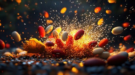 Colorful bean varieties bursting like fireworks against a starry backdrop, each one releasing vibrant glowing life-energy particles, creating stunning visual display of energy, movement, color cosmic 