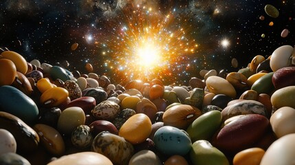 Colorful bean varieties bursting like fireworks against a starry backdrop, each one releasing vibrant glowing life-energy particles, creating stunning visual display of energy, movement, color cosmic 