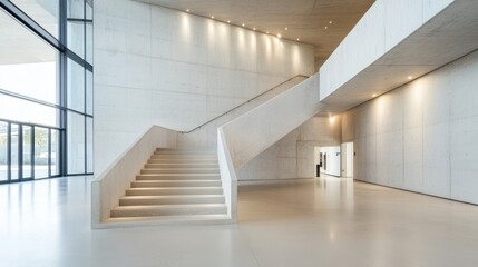 Obraz premium Sleek grey staircase with sharp geometric lines contrasts against a rough, cracked concrete wall.