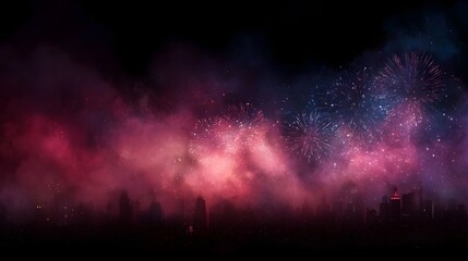 Vibrant fireworks explode over a silhouetted city skyline at night creating a dazzling and colorful spectacle