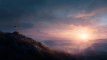 A wooden cross stands on a hilltop at sunrise with golden light and misty valleys