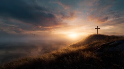 A solitary cross stands on a grassy hilltop at sunrise bathed in golden light symbolizing hope and spirituality