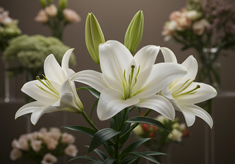 Fototapeta premium Elegant White Lilies in Bloom with Soft Floral Arrangements Backdrop - Fresh Flowers.
