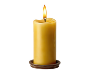 Single burning yellow candle provides warm light from glowing flame. This isolated wax decoration creates peaceful, cozy ambiance for festive Christmas holiday